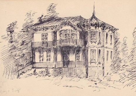 Imagen secundaria 1 - Arriba, ruinas del Monasterio de los Jerónimos, en Ávila. Abajo a la derecha, casa de la familia Botón, en Málaga, alrededor de 1908. Abajo a la izquierda, uno de los cuadernos del general Picasso, con dos dibujos de Toledo realizados en 1878