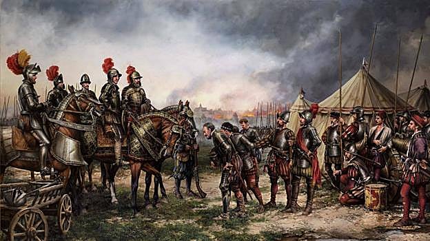 Cuadro de Augusto Ferrer-Dalmau sobre la batalla de San Quintín.