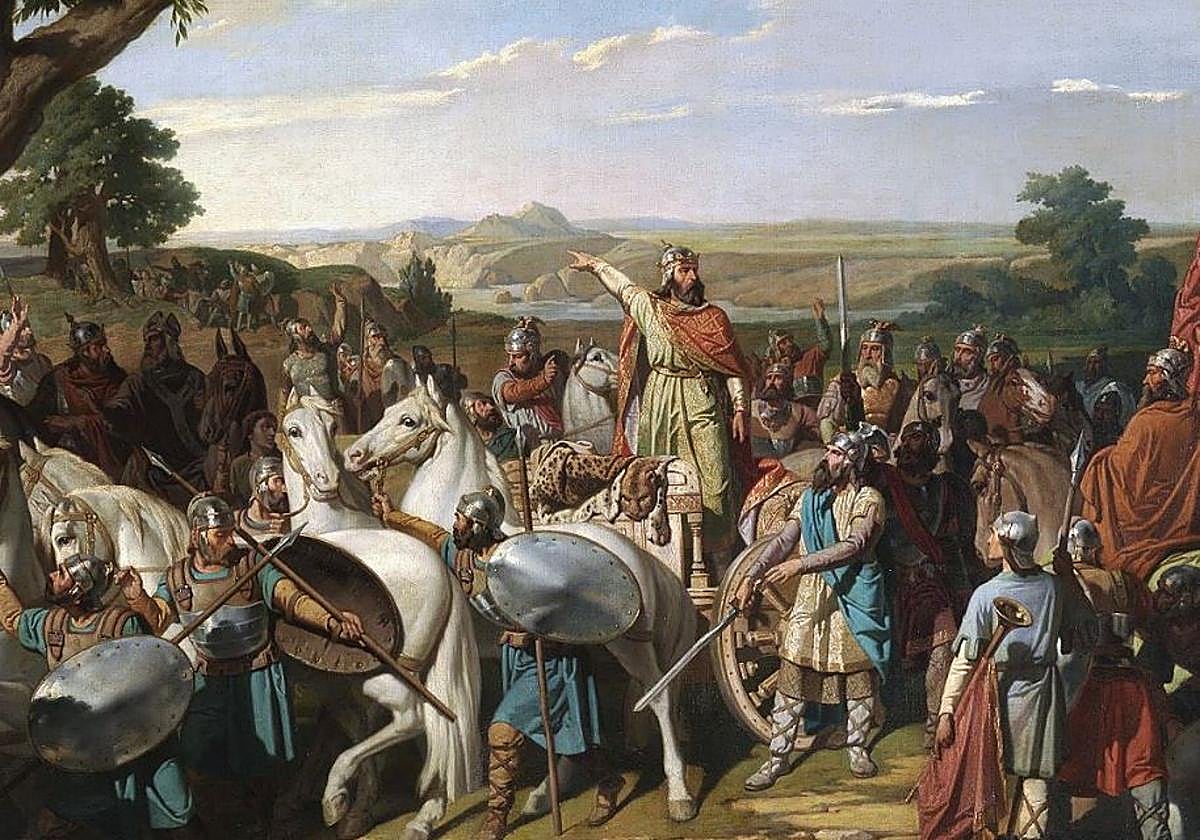 El rey Don Rodrigo arengando a sus tropas en la batalla de Guadalete, de Bernardo Blanco.