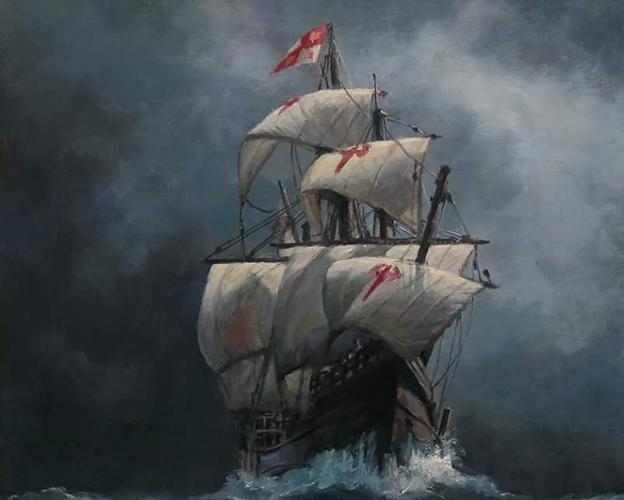 Augusto Ferrer-Dalmau'nun Columbus'un gemiye bindiği Santa María'yı gösteren yayınlanmamış tablosu.