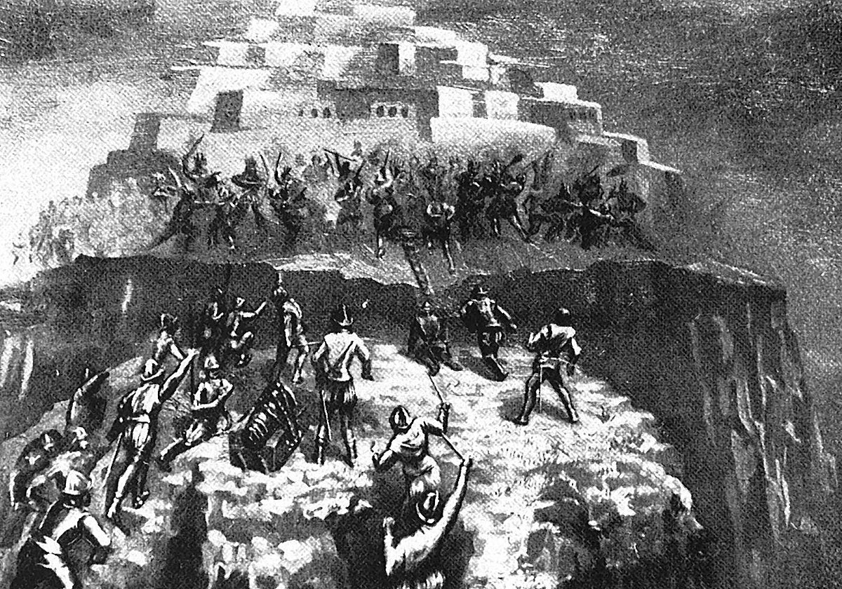 El asalto de Acoma, según la obra de Gregorio Hombrados Oñativia