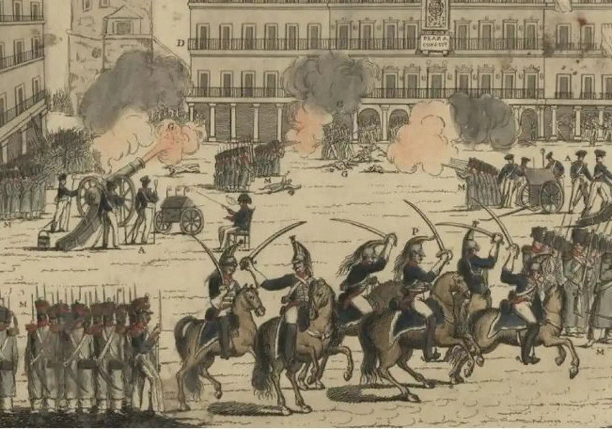 Grabado sobre los combates en la Plaza Mayor de Madrid durante el 7 de julio de 1822