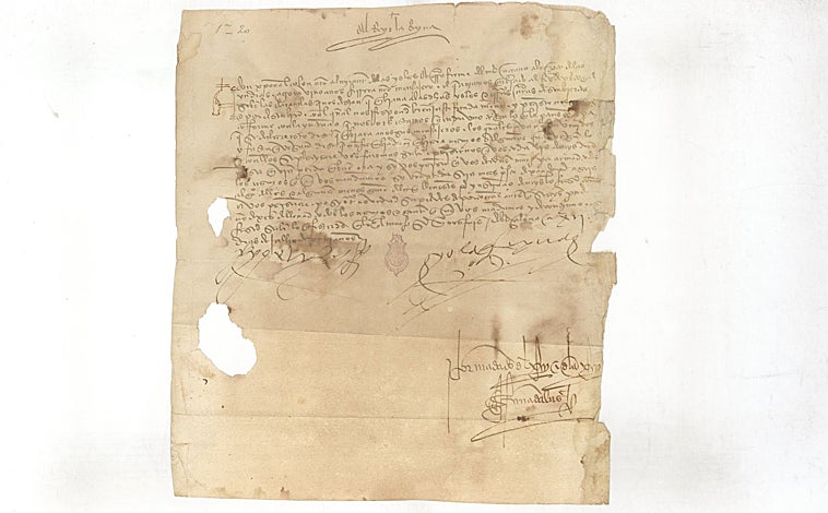 Imagen principal - Carta de los RRCC a Colón sobre el avistamiento de carabelas portuguesas en el Atlántico, 1493. Carta de Colón a su hijo Diego, 1498. Portulano virreinato de Nueva España, 1528.