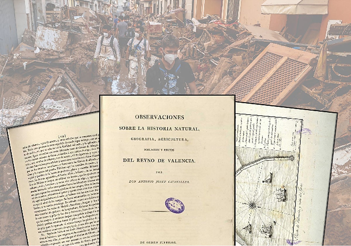 Fragmentos de un ejemplar de la 'Historia Natural del Reyno de Valencia', sobre una imagen de Paiporta tras la DANA