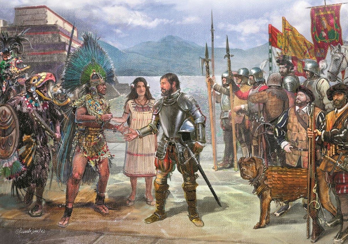 Recreación del encuentro de Moctezuma y Cortés (detalle), por Ricardo Sánchez