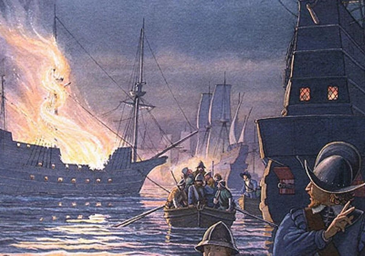 Ilustración de uno de los ataques del Pirata Drake contra las costas españoles