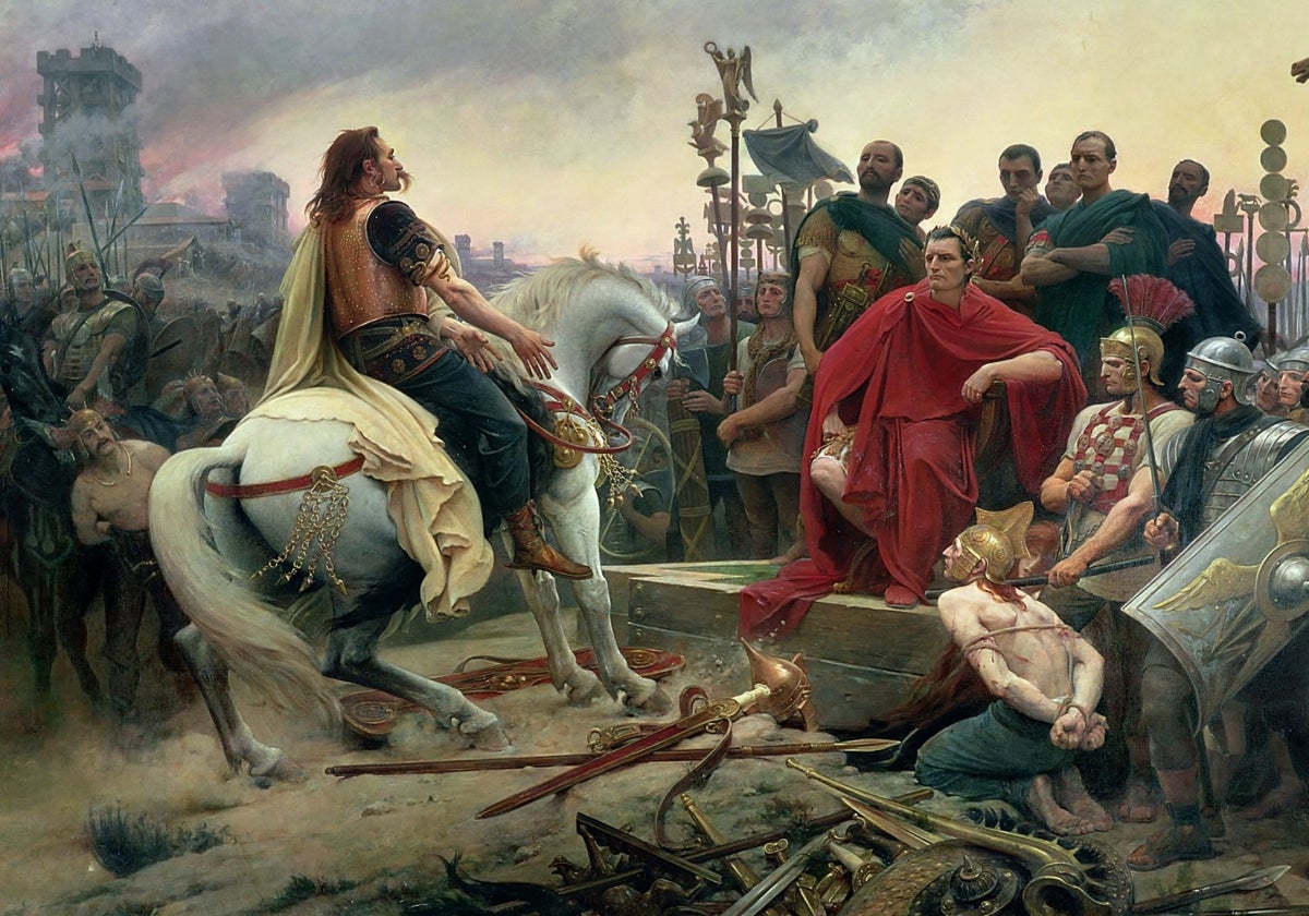 Vercingétorix arroja sus armas a los pies de César, cuadro de Lionel Noel Royer