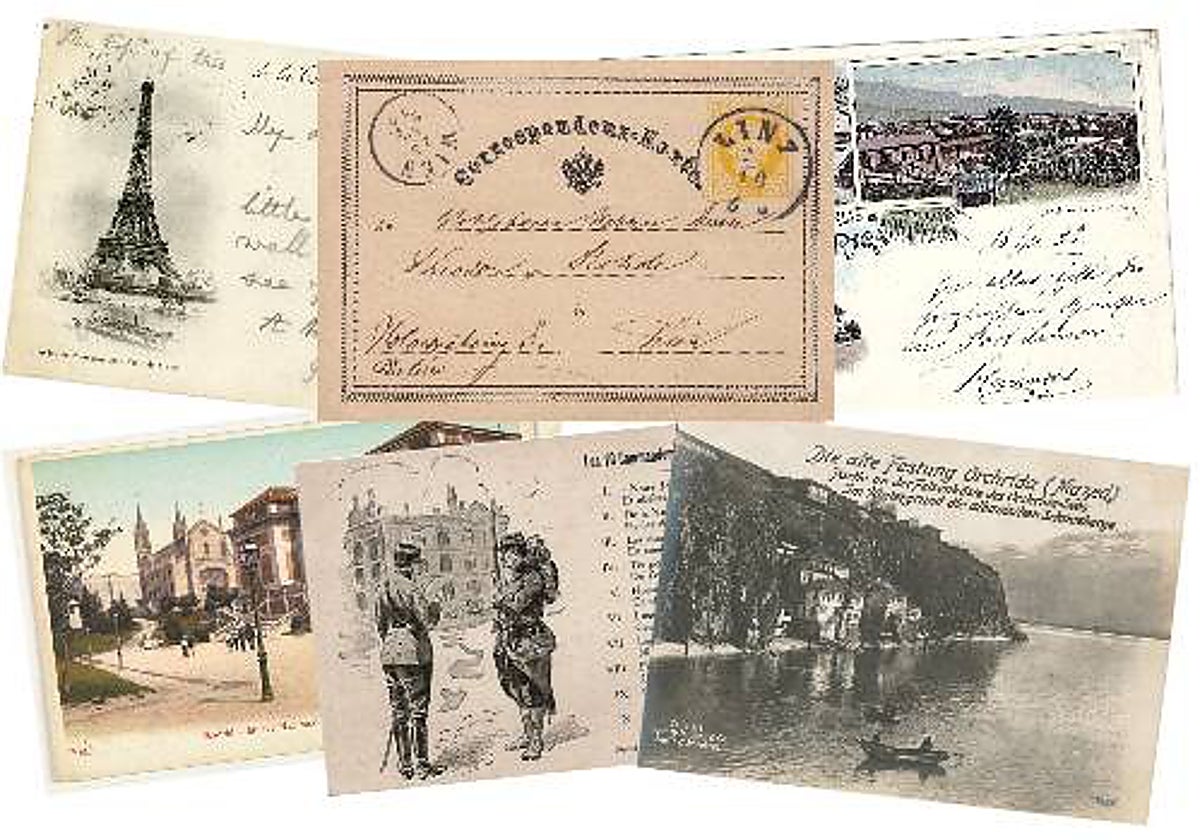Desde la primera postal de 1869 (arriba en el centro), esta es una evolución de las tarjetas