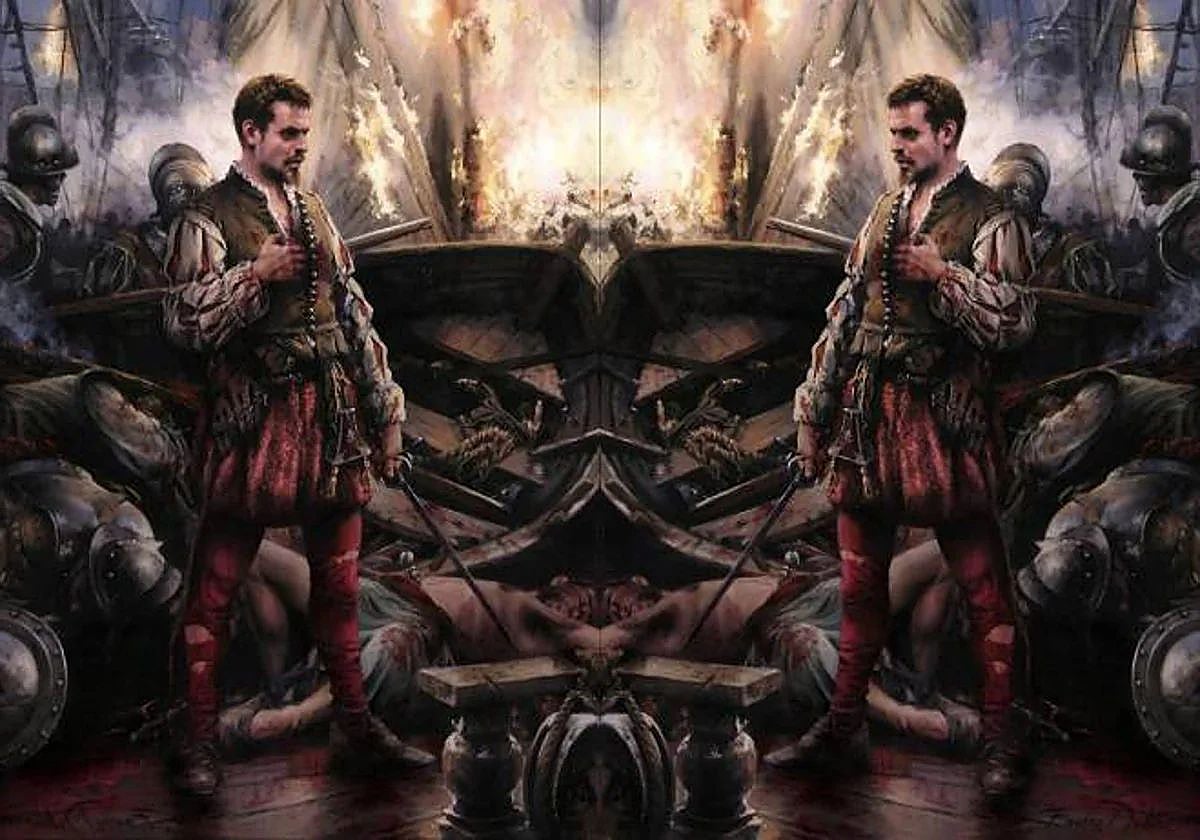 Montaje con el Cervantes en Lepanto, según el pintor Augusto Ferrer-Dalmau en 2016