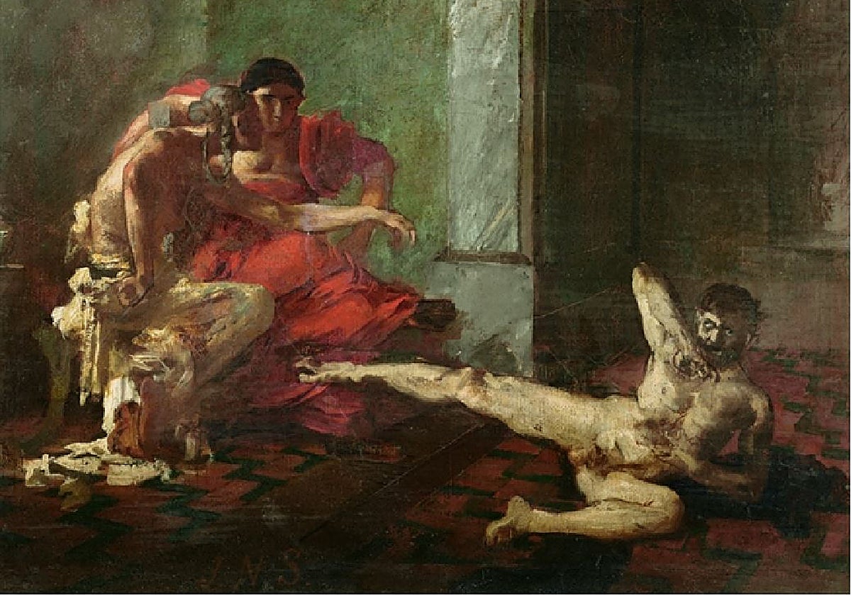 Locusta probando uno de sus venenos con un esclavo en presencia de Nerón. Obra del siglo XIX