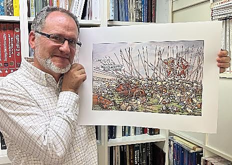 Imagen secundaria 1 - Arriba, el cuadro original de Augusto Ferrer-Dalmau. Abajo a la derecha, mientras lo pintaba. Abajo a la izquierda, Nieto con su versión. 