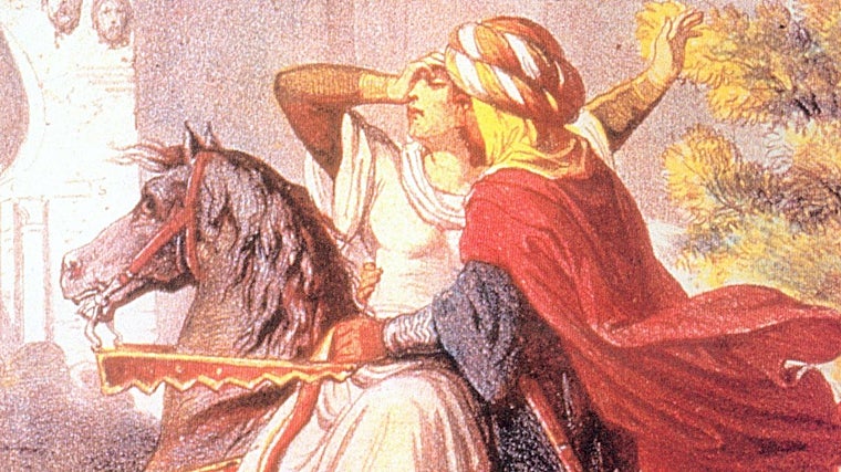 Pintura de Almanzor a caballo con una mujer