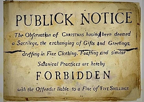 İkincil resim 1 - Yukarıda: Noel'i kutladıkları için arkadaşlarını azarlayan Püriten bir asker. Soldaki bu satırların üstünde: 1647 Noelinin yasaklanmasını gösteren poster. Sağda: 1653'te Londra'nın eleştirel yayını, bir vatandaşın onu evine girmeye davet ettiği sırada Noel Baba'nın yolunu kapatan Püriten bir askerin karikatürü