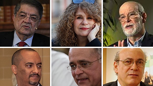 De arriba a abajo, y de izquierda a derecha, los escritores Sergio Ramírez y Gionconda Belli; el magistrado Rafael Solís; el exembajadore de Nicaragua ante la OEA, Arturo Mefields; el obispo exiliado Silvio Báez; y el periodista y director del medio 'Confidencial', Carlos Fernando Chamorro
