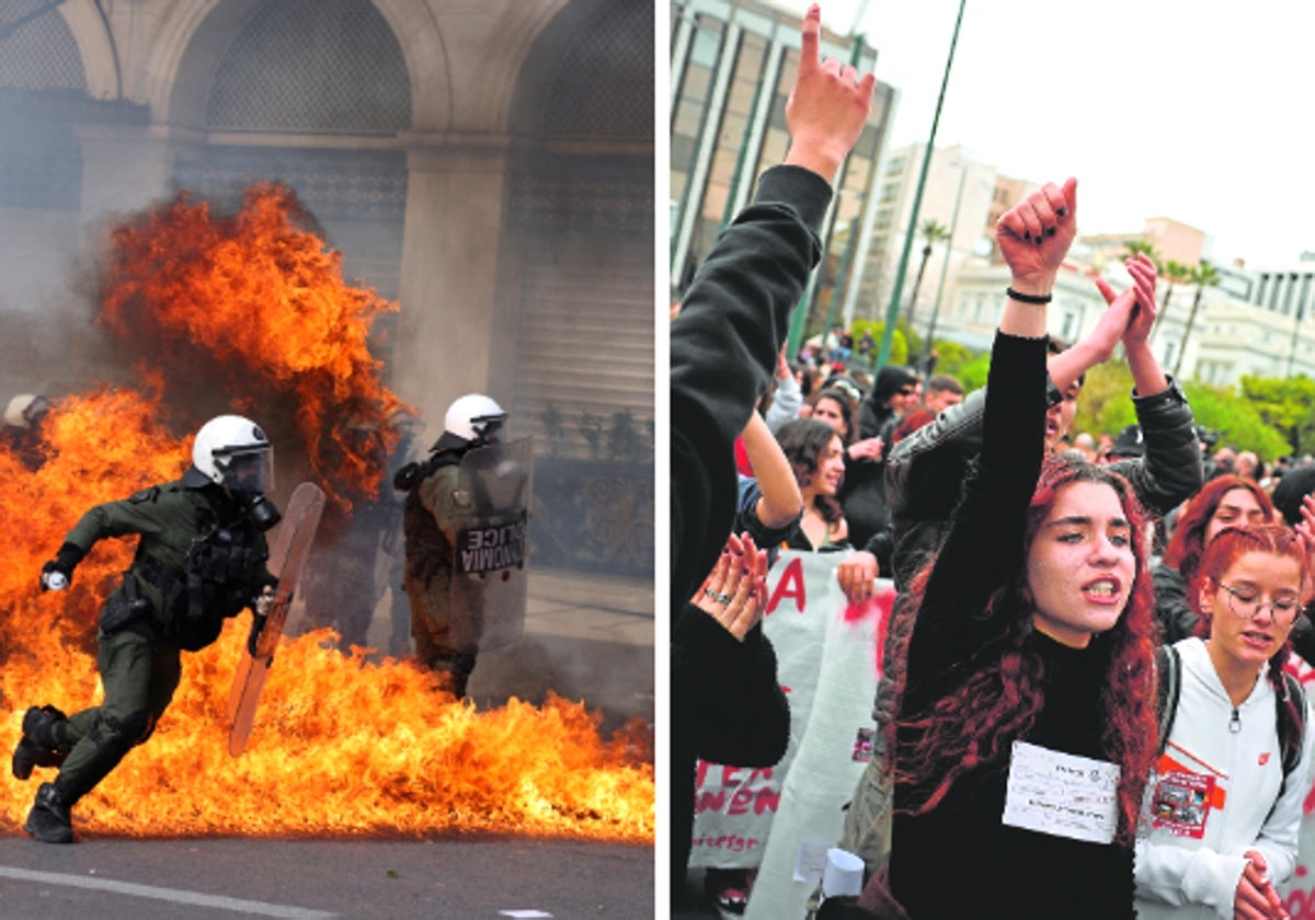 Policías y jóvenes durante las protestas en Grecia contra el Gobierno