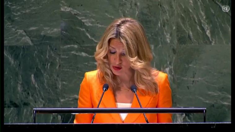 Yolanda Díaz pronuncia un discurso ante el plenario de la ONU mostrando su apoyo al modelo de economía social