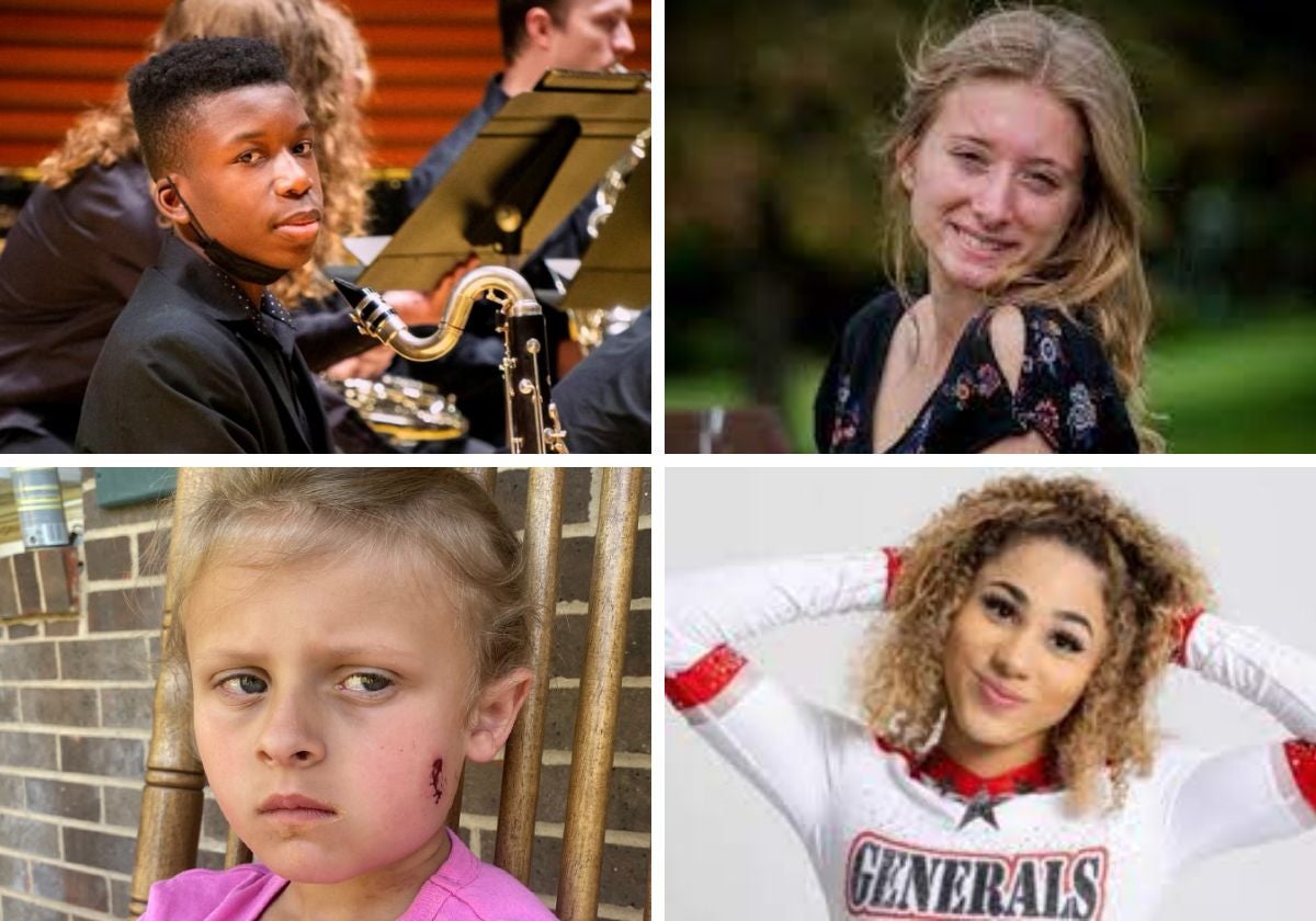 Arriba a la izquierda, Ralph Yark, de 16 años, que resultó herido en la cabeza; a su lado, Kaylin Gillis, tras ser disparada; debajo a la derecha, la niña de 6 años que resultó herida después de que un vecino se molestara por que entrase en su patio una pelota; a la derecha, la animadora Payton Washington, herida