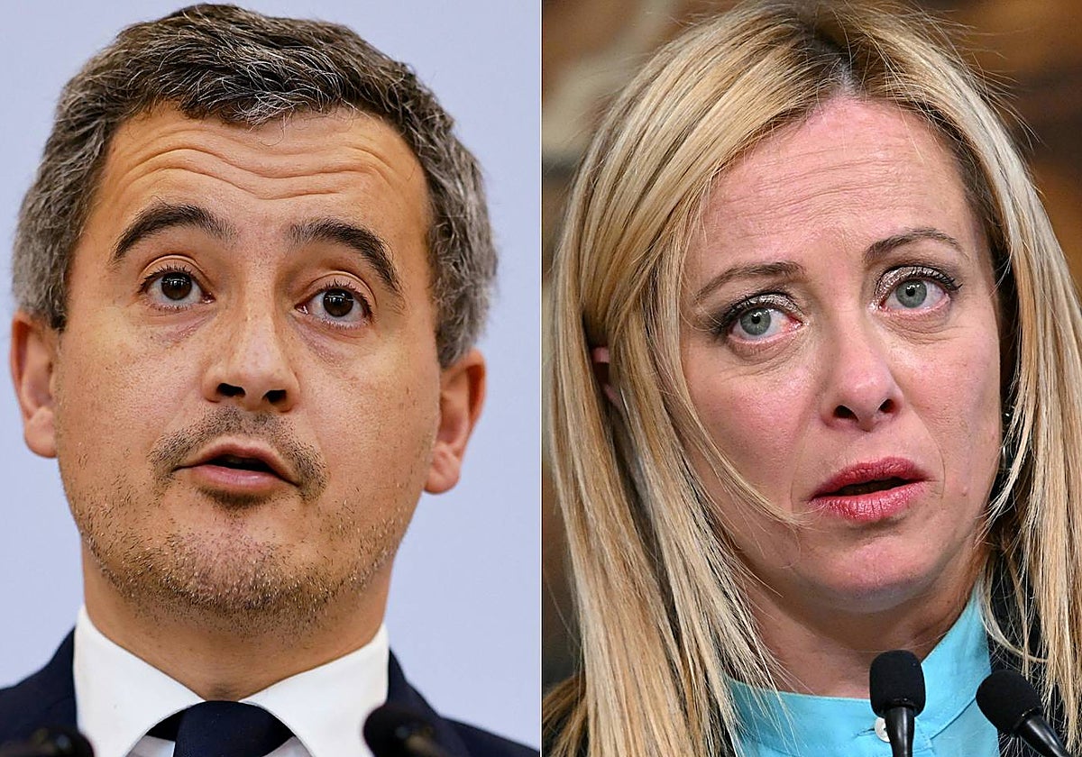 El ministro francés del Interior, Gérald Darmanin, y la primera ministra italiana, Giorgia Meloni