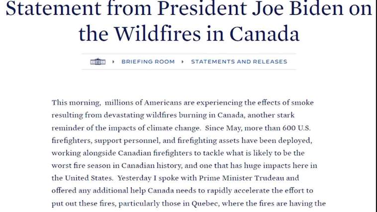 Biden afirma incendios en Canadá son "otro recordatorio de las consecuencias del cambio climático"