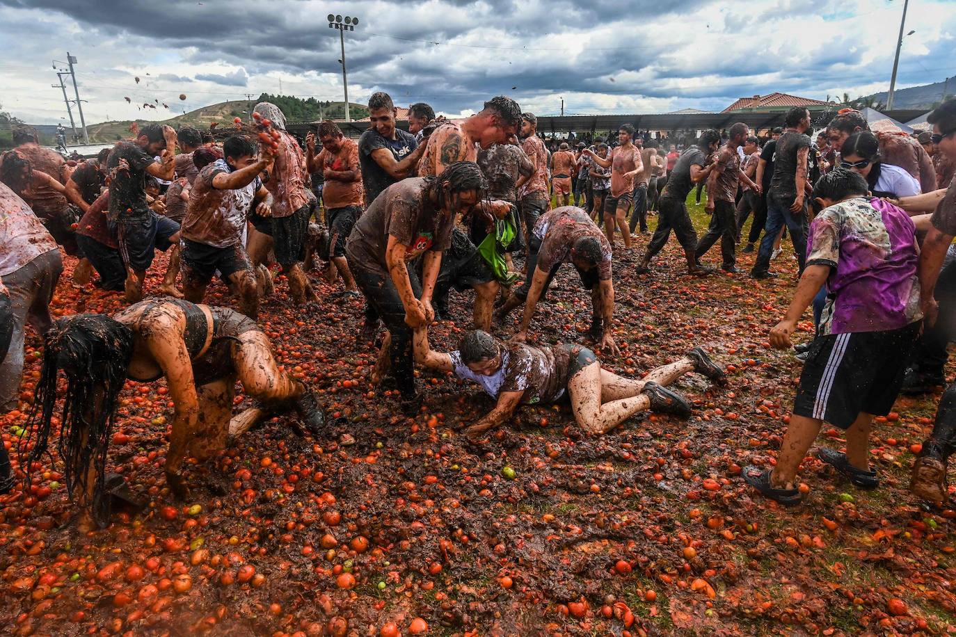 Colombianos participan en el décimo Festival Anual de Lucha del Tomate, conocido como «Tomatina»