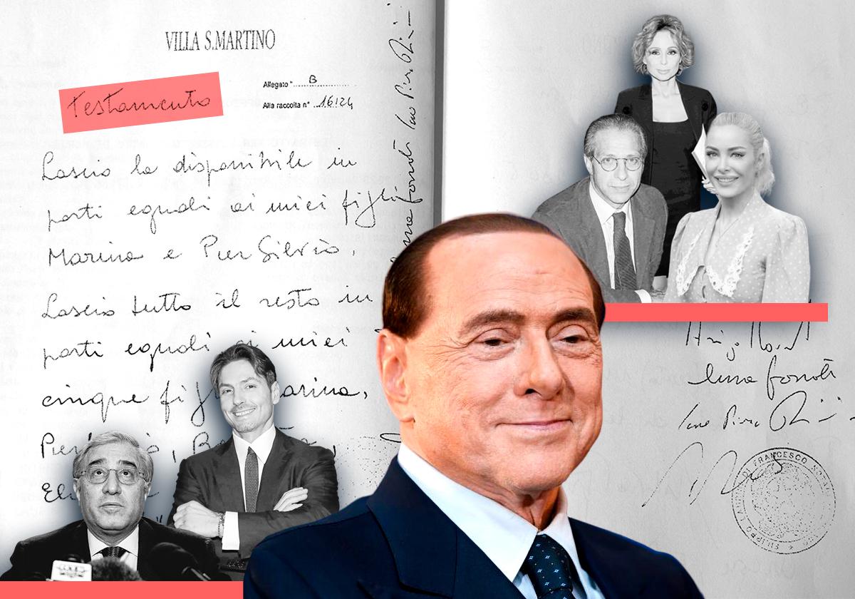 Silvio Berlusconi, rodeado de Marcelo Dell'Ultri, Pier Paolo Berlusconi, Paolo Berlusconi, Marina Berlusconi y Marta Fascina