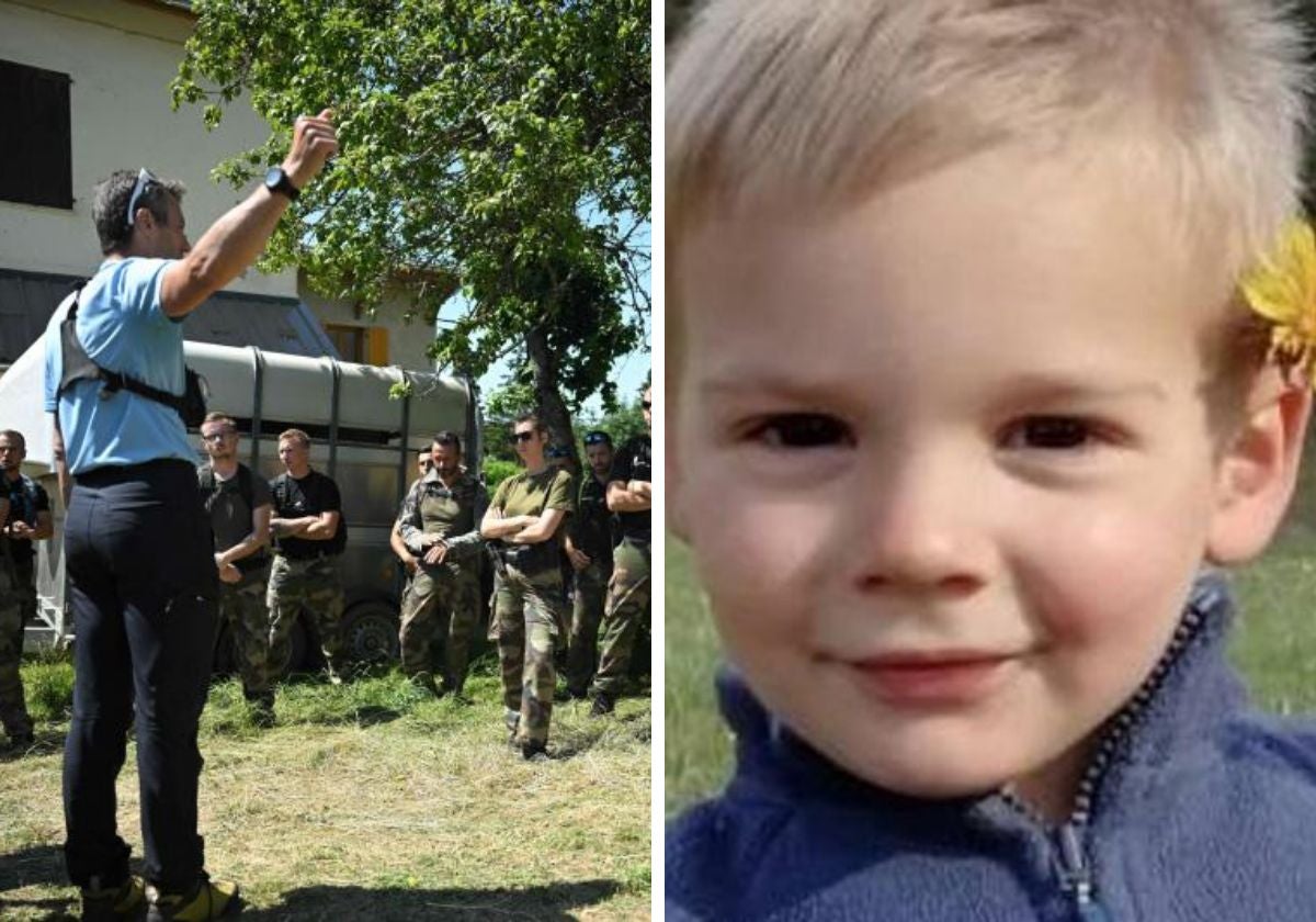 Agentes de la Polcía francesa durante la búsqueda junto a una foto de Émile