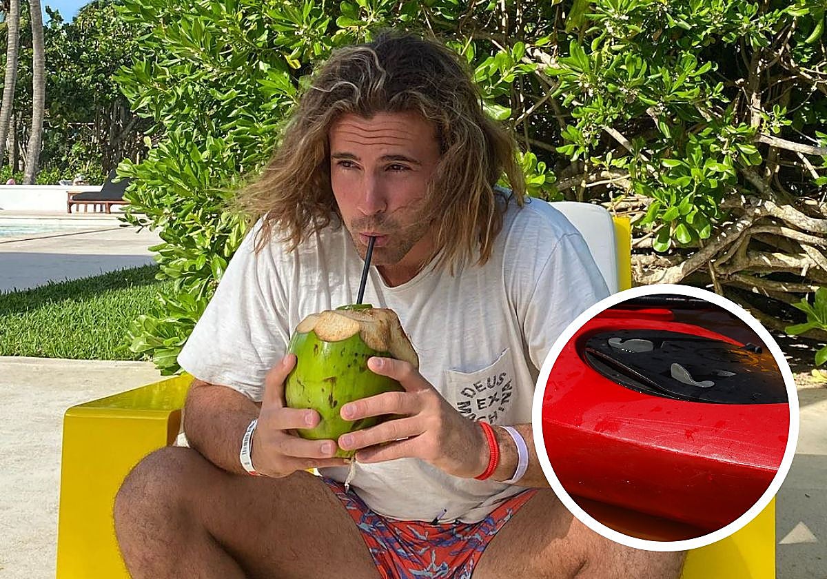 Daniel Sancho, durante unas vacaciones, y un kayak