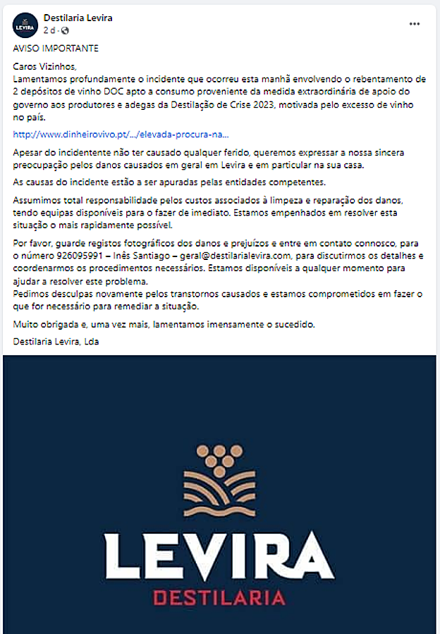 Comunicado de Levira asumiendo la responsabilidad de los daños causados por el accidente