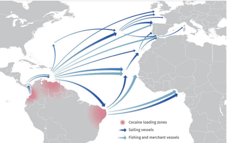 Rutas de tráfico transatlántico de droga que involucran buques veleros, mercantes y pesqueros, 2022