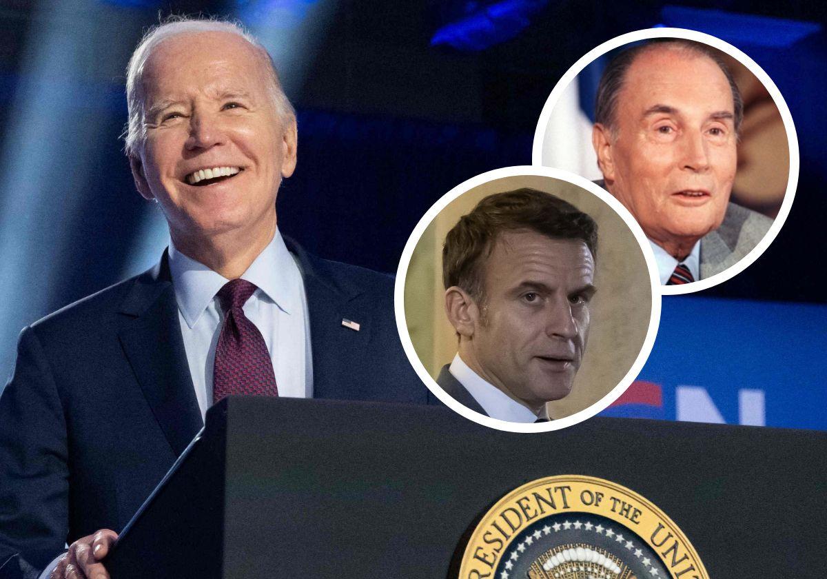 Joe Biden, en grande. En detalle, Emmanuel Macron y François Mitterrand