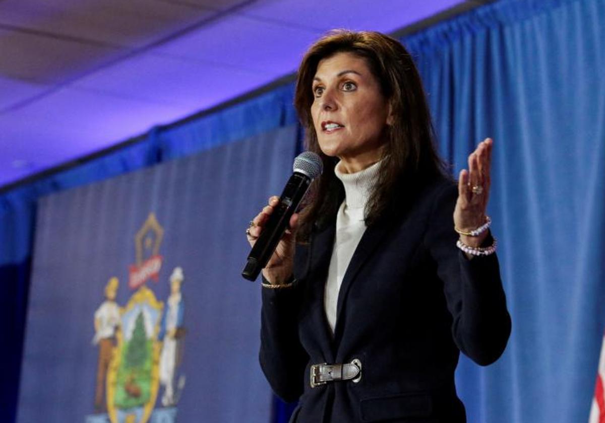 La candidata republicana NIkki Haley durante un mitin en Portland