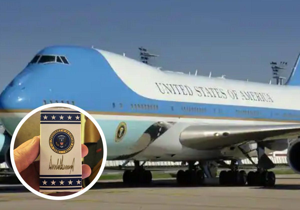 El avión Air Force One y un paquete de caramelos con el logo de la Casa Blanca que se llevó un periodista