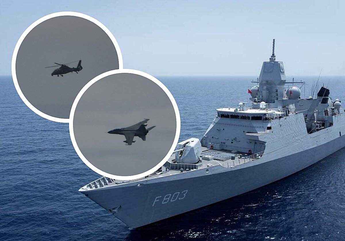 Montaje de imágenes del barco neerlandés Tromp y las aeronaves chinas que lo acosaron