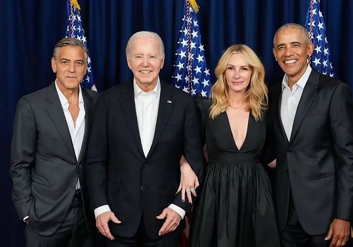 En vídeo: Biden reitera que no se va «a ninguna parte» y confía en ganar las elecciones | Foto: Biden junto a George Clooney, Julia Roberts y Barack Obama en la Casa Blanca