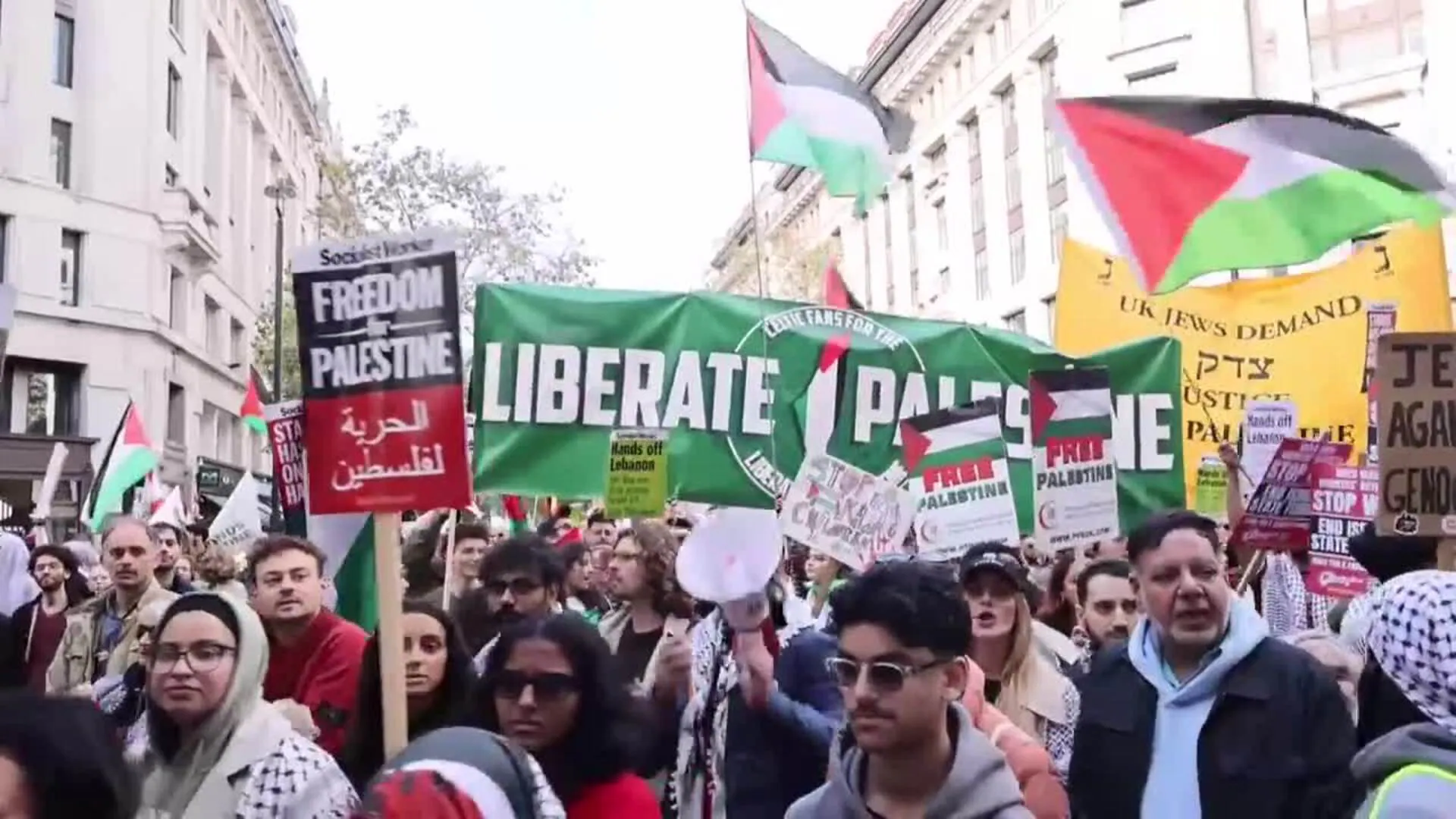 Thousands of demonstrators protest in London in solidarity with Palestine and Lebanon