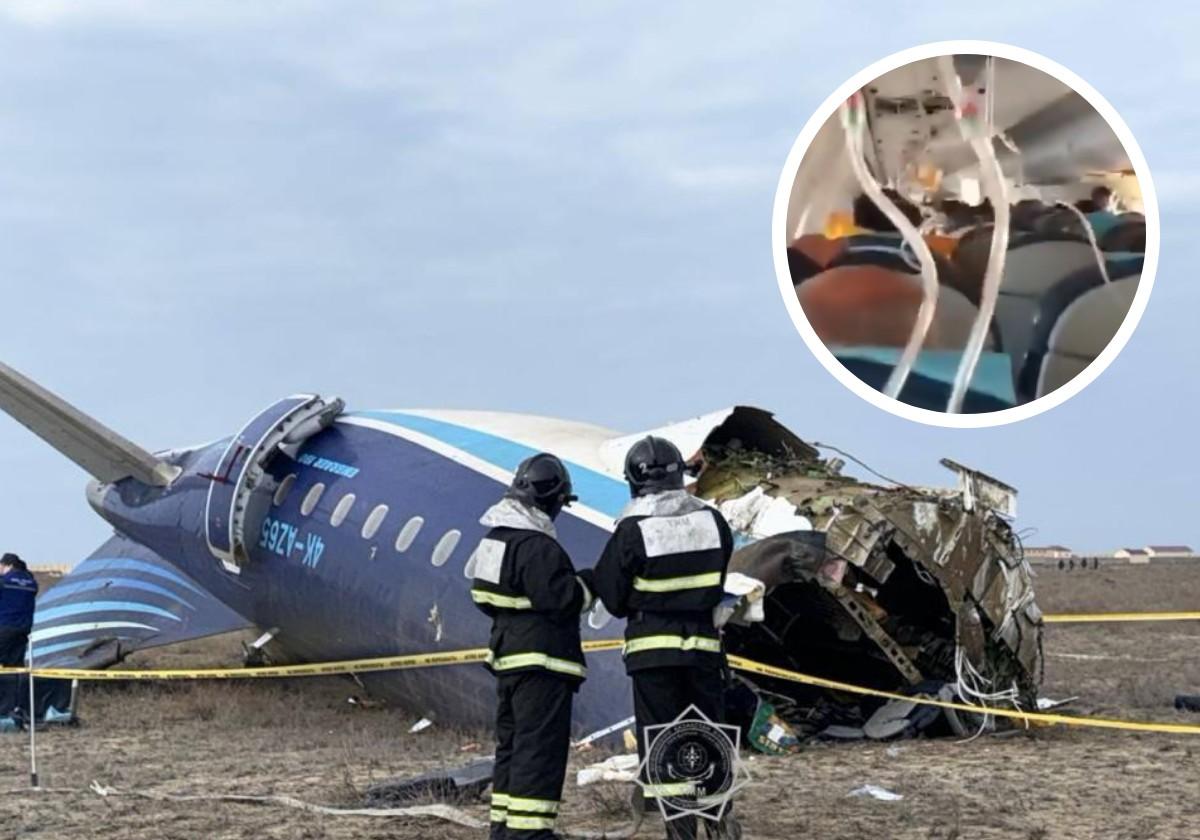 Miembros de los servicios de emergencias trabajan en el rescate de pasajeros del avión estellado; en la imagen del círculo máscaras de oxígeno para los vijaeros