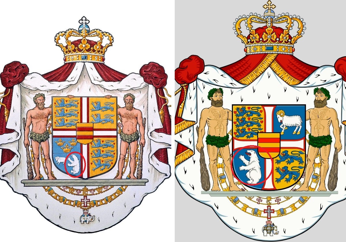 Evolución del escudo de armas de la Casa Real danesa y de la posición del escudo de Groenlandia (señalado con un círculo rojo) entre la anterior versión, de 1972, y la nueva, estrenada este 2025