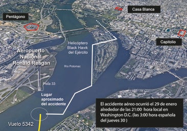 Mapa del accidente en Washington entre un avión de pasajeros y un helicóptero militar