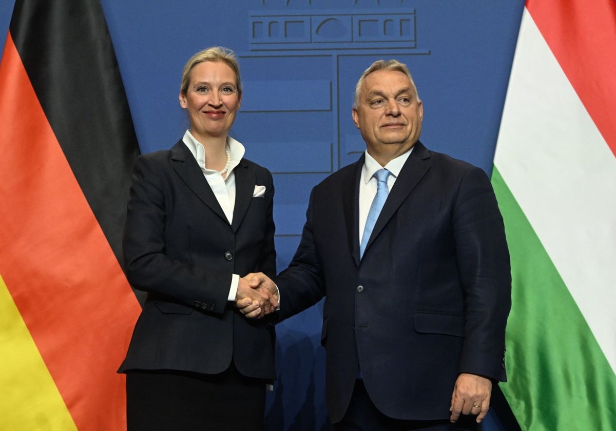 La candidata a canciller Alice Weidel estrecha la mano de Orbán en una conferencia de prensa, en Budapest