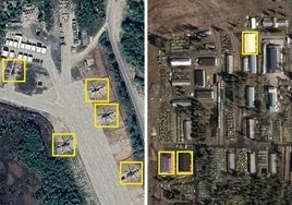 Imágenes satelitales muestran en la foto de la izquierda la base aérea Severomorsk-2 que parece haber sido remodelada, con helicópteros fotografiados. Derecha: en Petrozavodsk se han construido tres grandes almacenes para vehículos blindados.