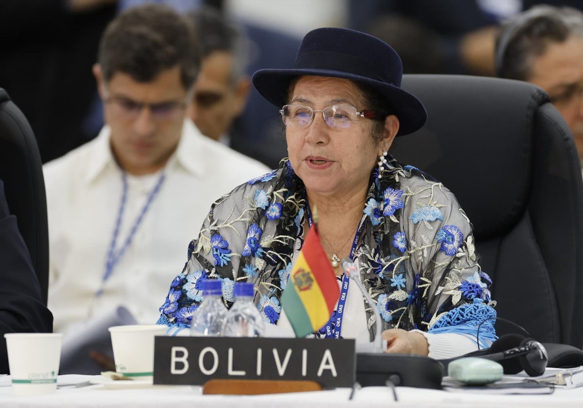 La ministra de Relaciones Exteriores de Bolivia, Celinda Sosa Lunda, habla durante la primera sesión plenaria de la 55ª Asamblea General de la OEA este jueves