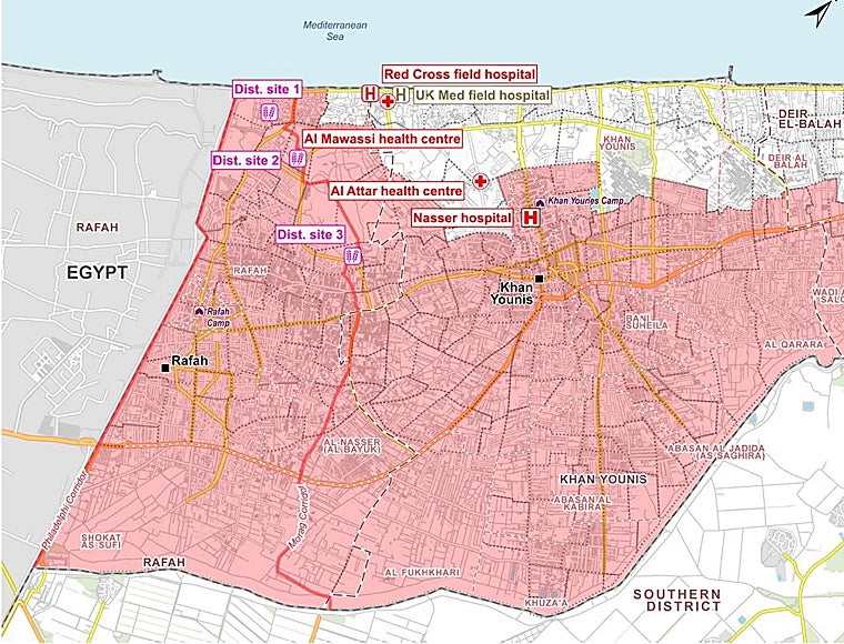 Centros de salud de MSF y centros de distribución de la Fundación Humanitaria de Gaza en el sur de la Franja