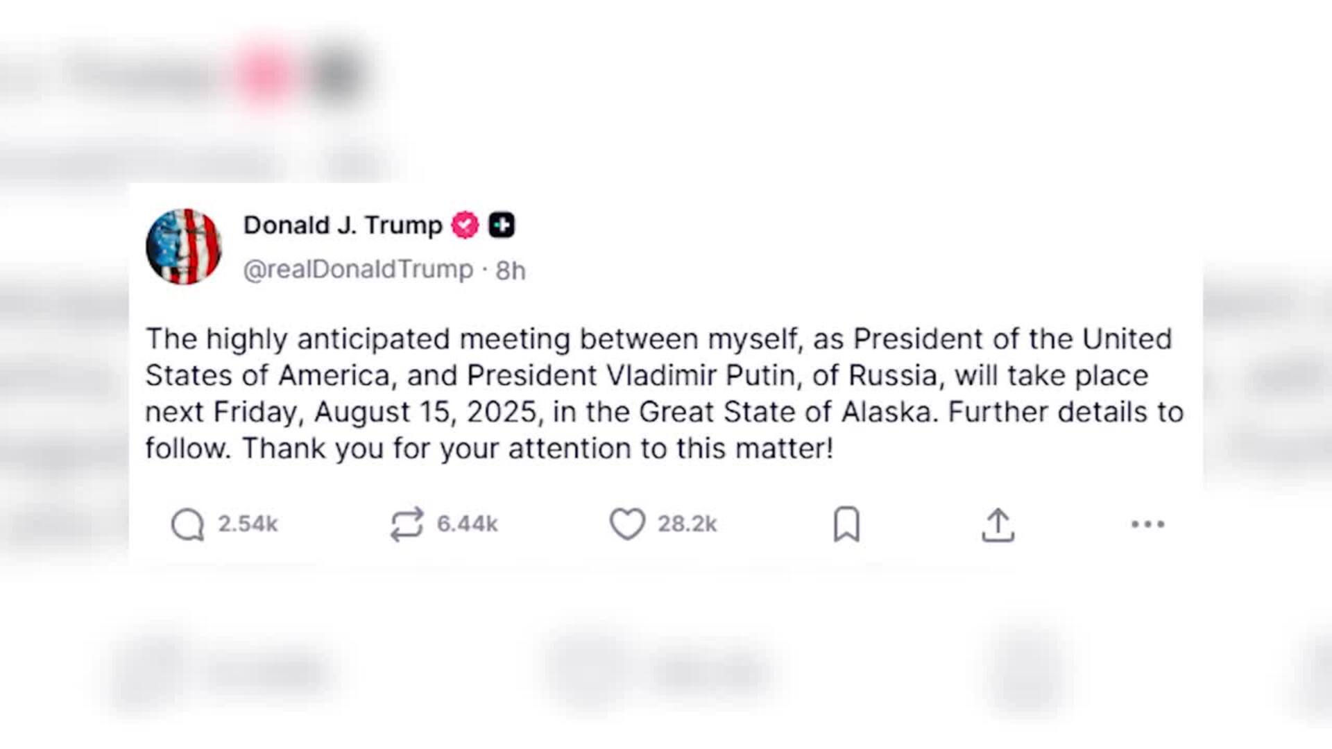 Trump anuncia que se reunirá con Putin en Alaska el próximo 15 de agosto