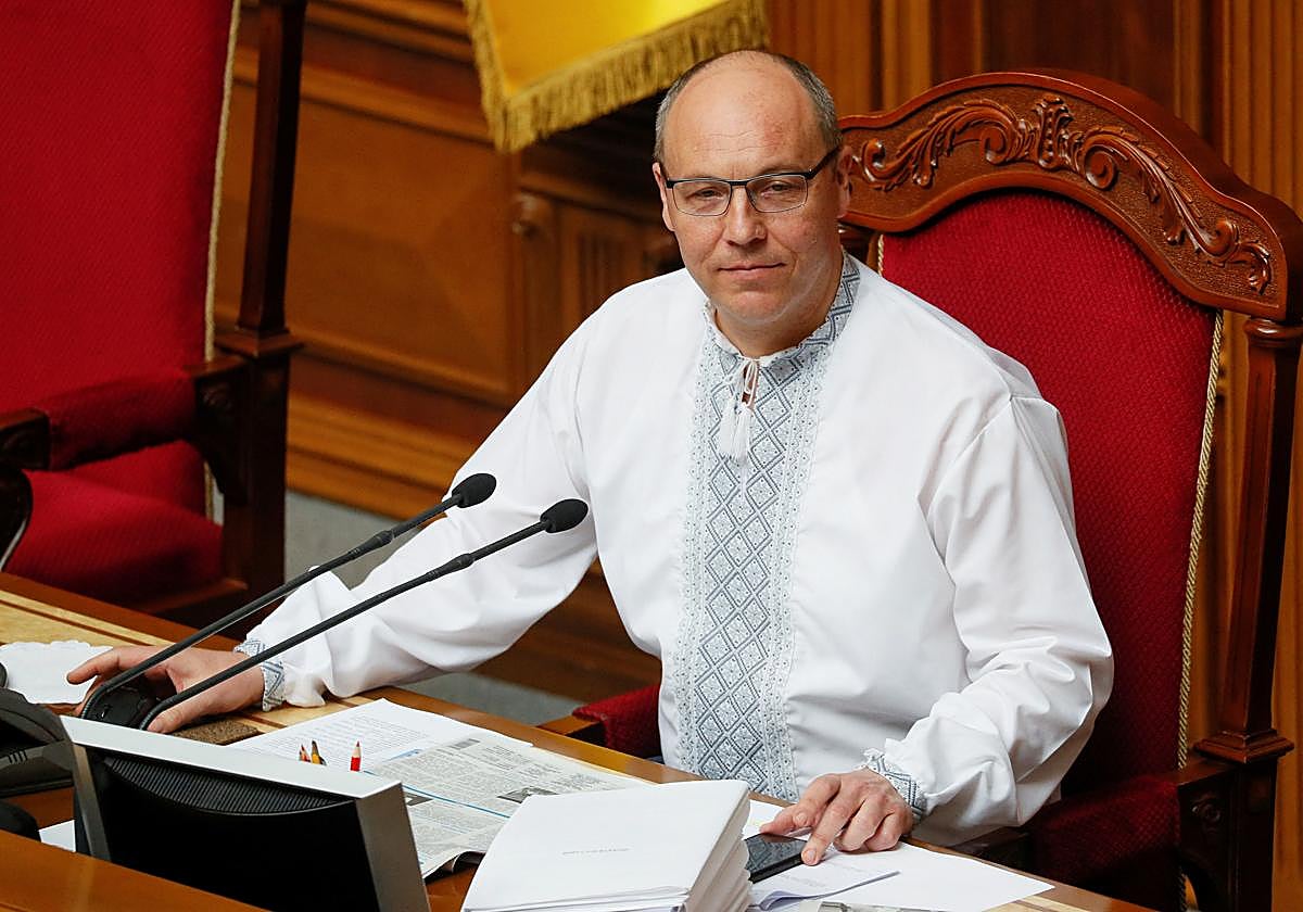 El expresidente del Parlamento ucraniano, Andriy Parubiy, durante una sesión parlamentaria en Kiev, en 2019