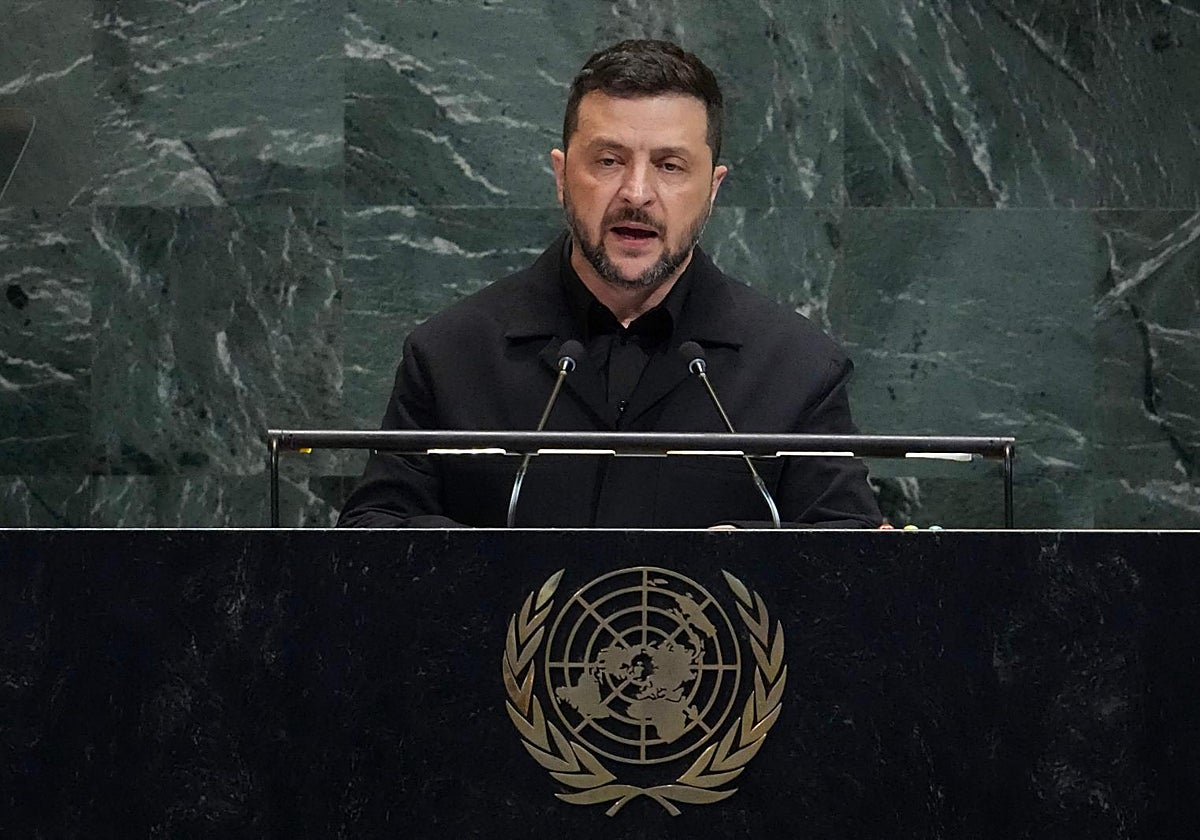 El presidente ucraniano, Volodímir Zelenski, durante su intervención en la ONU este miércoles