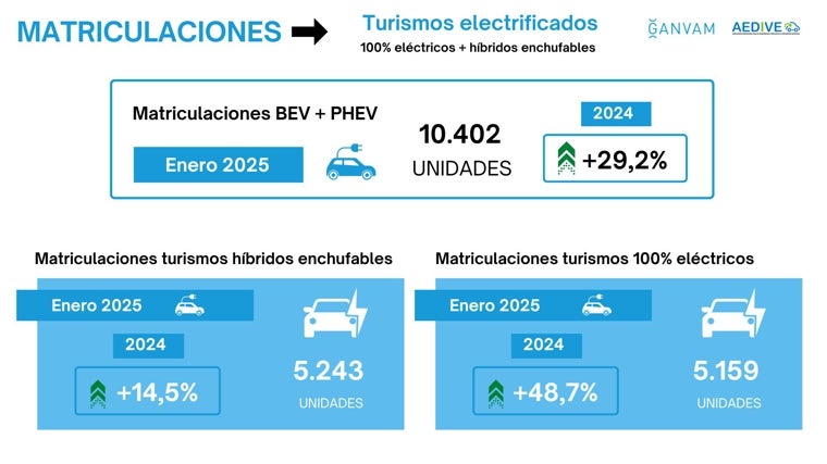 Matriculaciones de turismos eléctricos e híbridos enchufables en el mes de enero