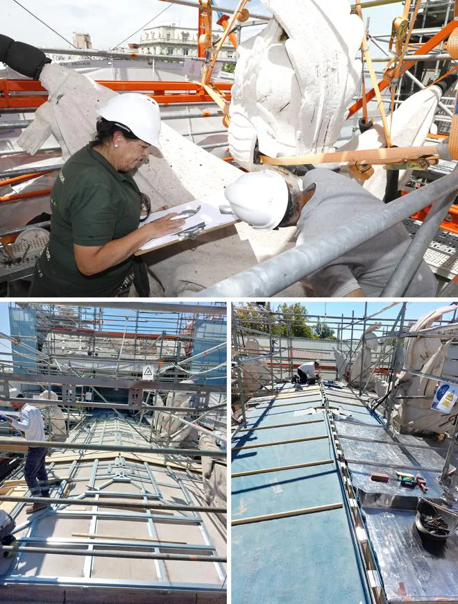 Los técnicos supervisan una de las panoplias y, sobre estas líneas, los trabajos realizados para la nueva cubierta.