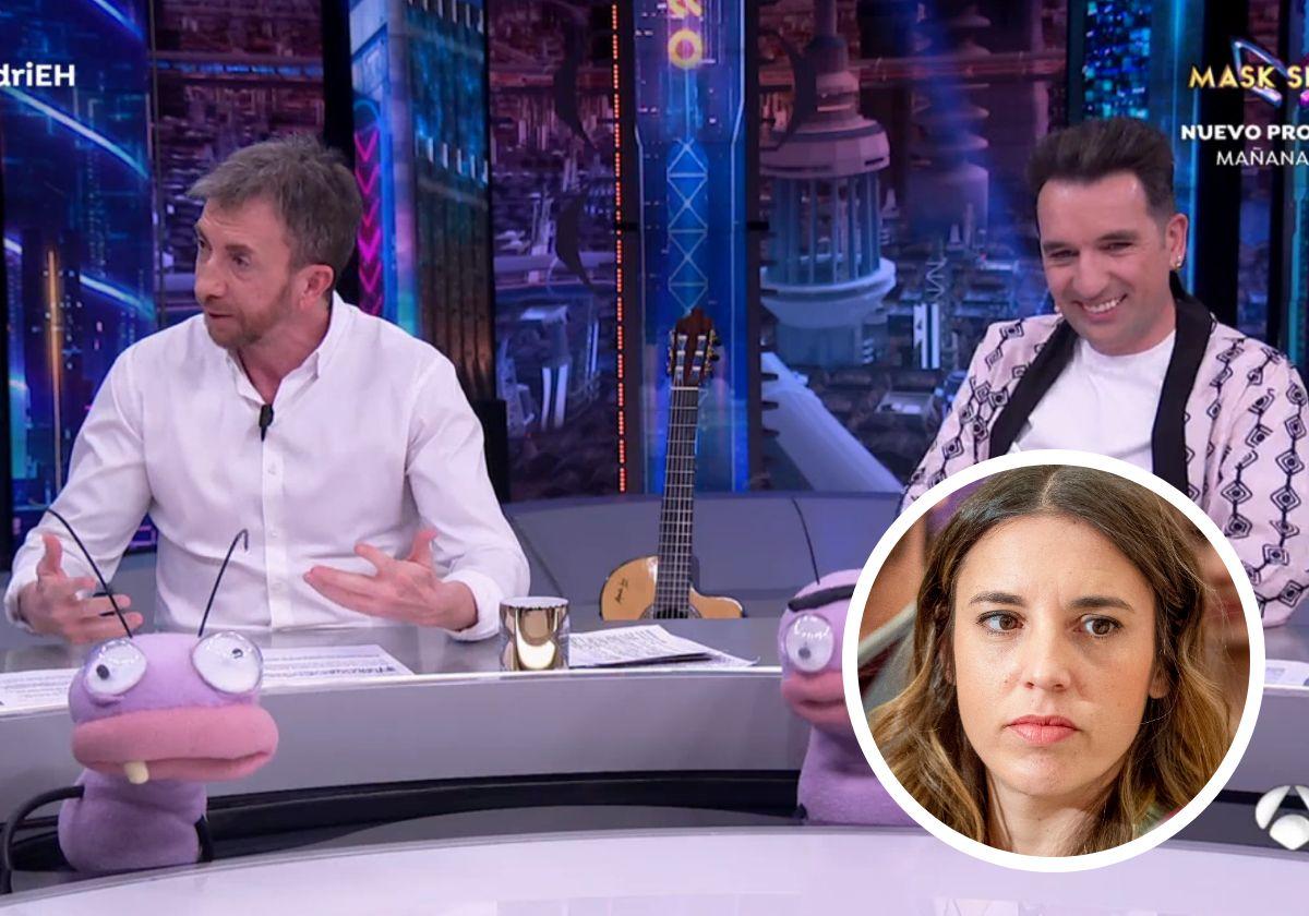 Pablo Motos y Miguel Lago, el pasado martes 16 de mayo, en la tertulia política de 'El Hormiguero' | A la derecha, la ministra de Igualdad Irene Montero, el pasado lunes 15 de mayo en Toledo