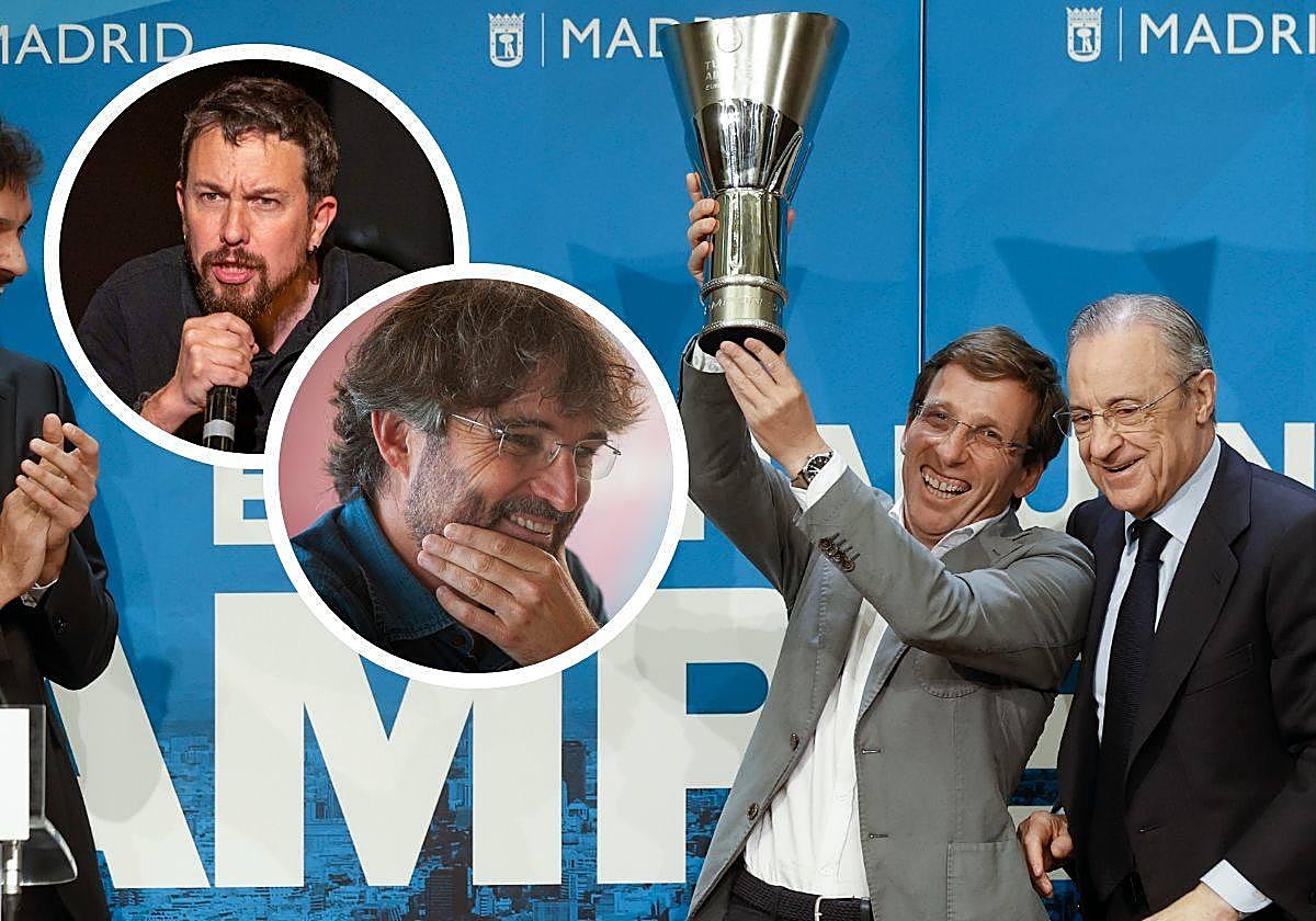 Almeida y Florentino durante la recepción de los campeones. En los círculos, Iglesias y Évole