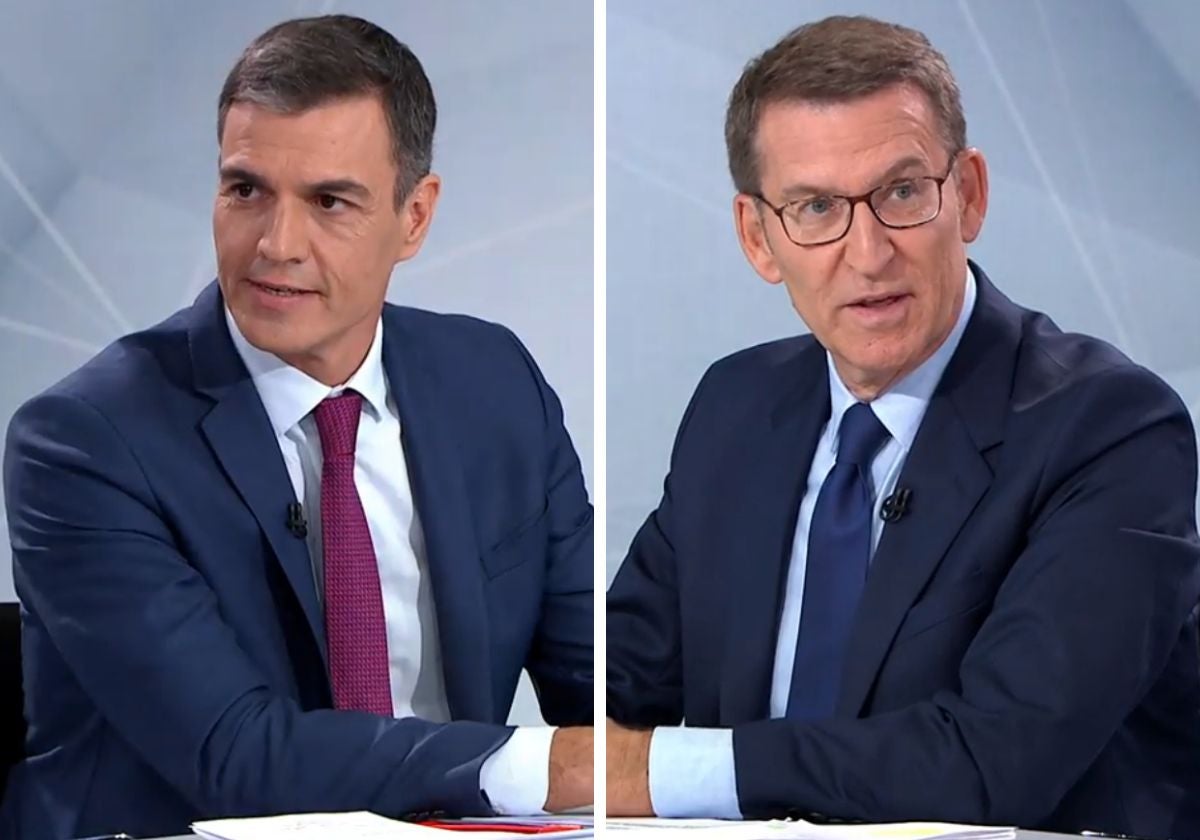 Pedro Sánchez y Alberto Núñez Feijóo, al inicio del 'cara a cara' transmitido por Antena 3 y La sexta este lunes 10 de julio por la noche